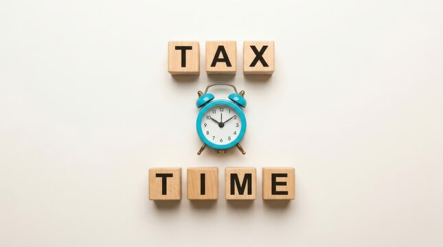 Tax time message formed with wooden blocks and a blue alarm clock on white background for financial planning needs.