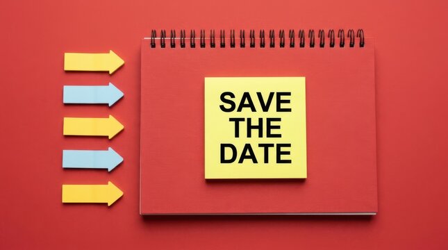 Save the date yellow sticker note on red notebook with colorful directional arrows for appointment scheduling.