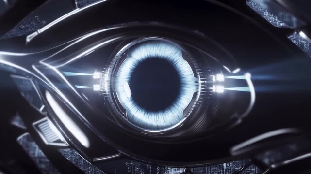 Slow zoom in on robotic eye iris expanding and pulsing with rotating lens mechanisms inside futuristic machine interior