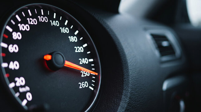 Speedometer needle indicating high speed on a dark car dashboard in motion