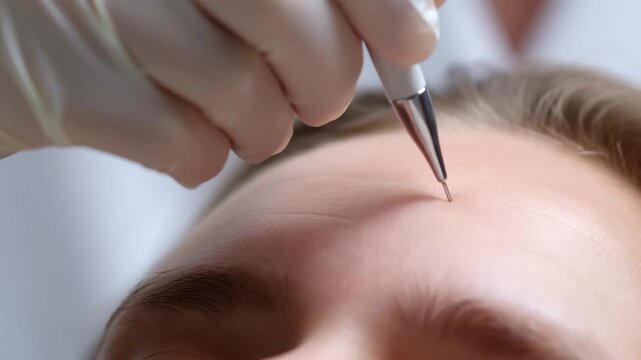 Tracking close up shot of technician applying microblading pen to eyebrow and forehead area during cosmetic procedure in clinic