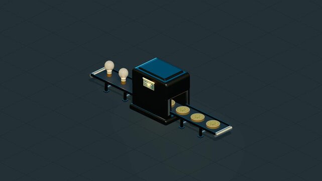 Premium 3D isometric animation of an idea-to-value business machine transforming incoming light bulbs into tangible gold coins via automated conveyor and industrial processing.