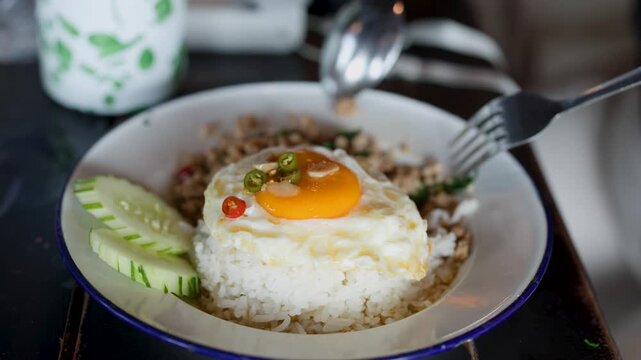 Eating Pad Krapow Minced Pork with Fried Egg and Rice