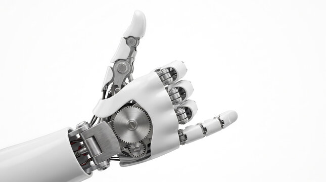 Close-up of a robotic hand making a shaka sign, symbolizing technology and innovation