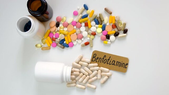 Benfotiamine capsules and vitamin supplements. Selective focus.