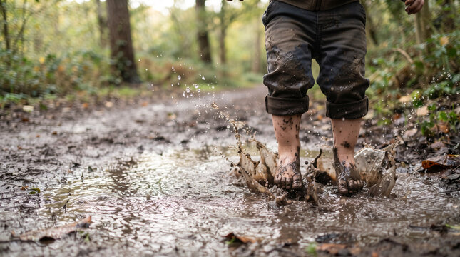 Child jumping into muddy puddle splashing water in forest trail