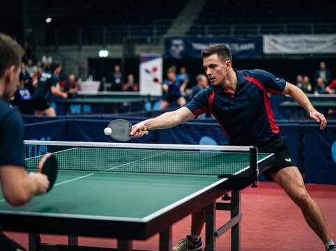 Professional table tennis players during dynamic match in arena stadium