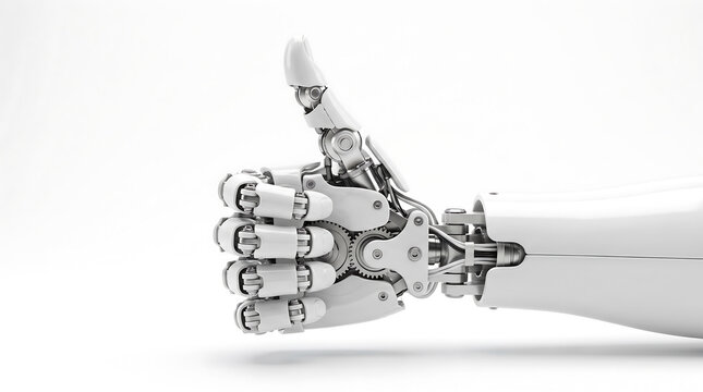 Robotic arm giving a thumbs up gesture against a white background, symbolizing approval and positive feedback in technology