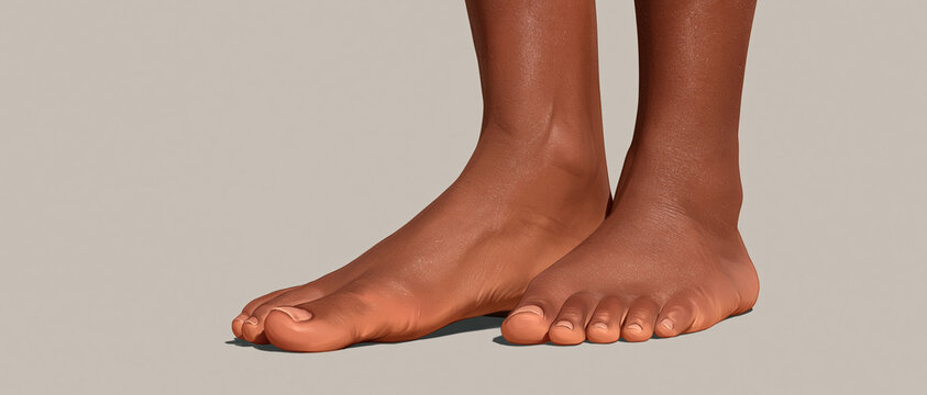 A close-up of a person's bare feet, standing on a neutral background. The skin tone is dark, and the feet appear healthy and clean