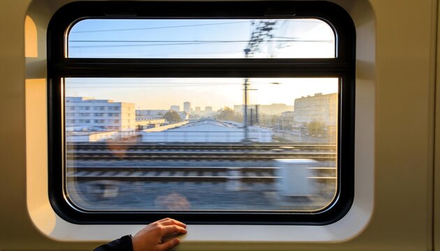 Generative AI panoramic view through a train window showing buildings railway tracks and overhead
