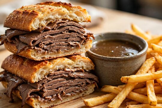 Delicious french dip sandwich with au jus and crispy fries