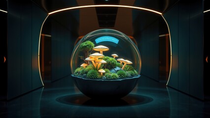 Fototapeta premium Futuristic interior features glowing orb. Mushrooms, plants thrive inside glass sphere. Dramatic lighting creates moody atmosphere.