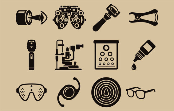 Lasik eye surgery and refractive correction vector bundle featuring solid silhouettes of corneal laser beams diagnostic phoropters and intraocular lens implants