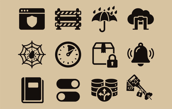 Api security and web application firewall vector bundle featuring solid silhouettes of cryptographic keys rate limiting clocks and ddos protective umbrellas