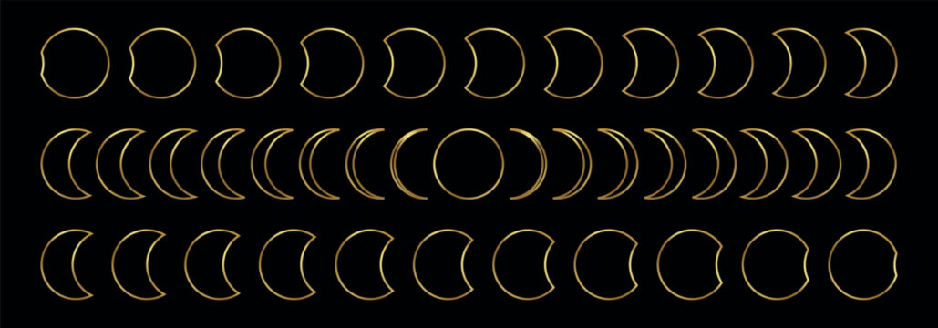 Golden outline lunar phase chart with crescent and rounded moon forms arranged in three rows on black background, elegant celestial astronomy sequence for astrology, calendar and decorative design art
