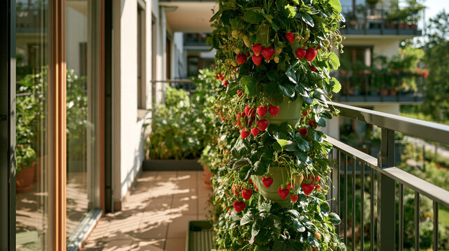 A vertical strawberry planter supports ripe berries in stacked planting pockets beside a railing on an apartment balcony garden. This real commercial photograph is an