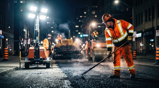 Worker levels fresh asphalt during overnight street resurfacing under powerful lights in an active urban work zone, during skilled work