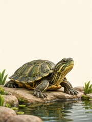 Fototapeta premium Dark green clay pond turtle beside shallow water beneath cream portrait space