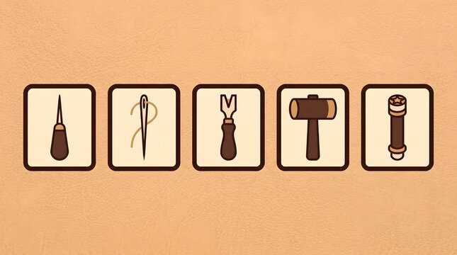 Vintage leather crafting tool icons, artisan leatherworking equipment set, craft leather tool collection for workshop logo design