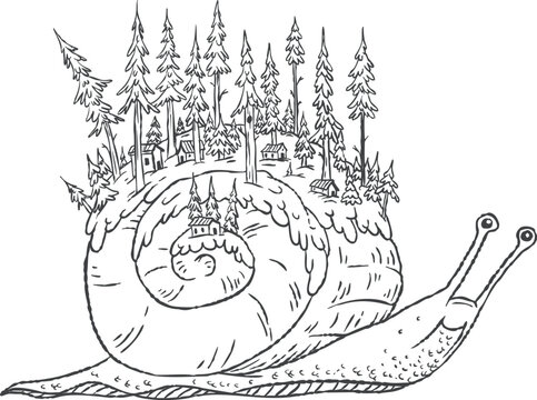 Whimsical giant snail carrying pine forest village with snowy roofs on spiral shell outline vector illustration.