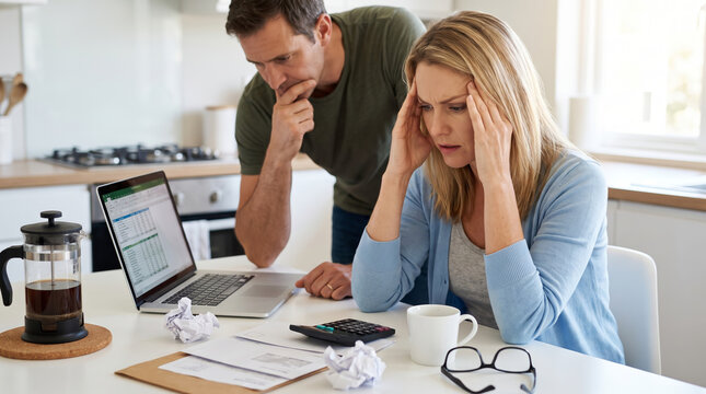 Bills utility calculator stacked paperwork causing financial stress at home. Finance accounting budget management. expense debt payment planning, invoice report document paperwork