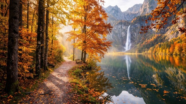 Scenic path overlooks an alpine lake and narrow waterfall framed by colorful autumn trees and distant mountains, in seasonal light