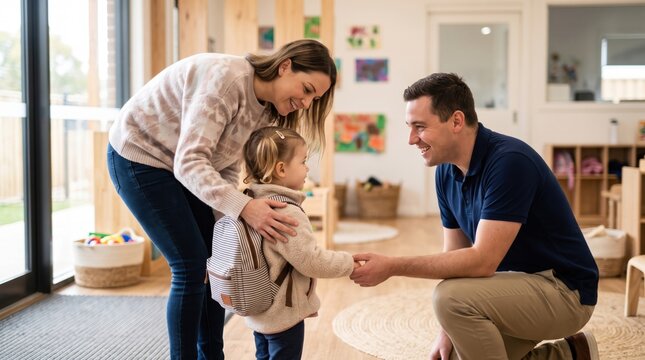 Parent and young child arrive at a welcoming daycare entrance during a calm morning childcare routine, in a natural modern setting