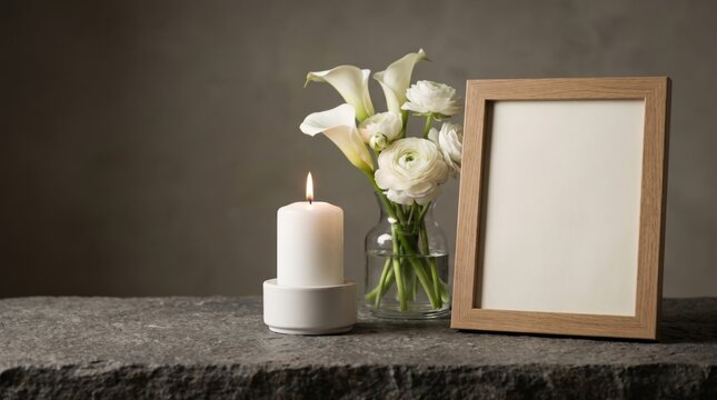 Memorial still life combines a glowing candle, framed photograph and flowers in a quiet setting of remembrance, with artisan detail