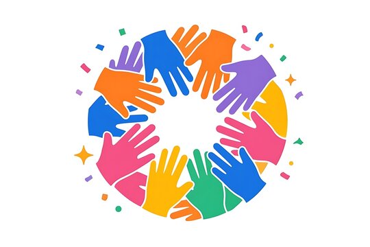 A colorful circular composition featuring a diverse group of stylized flat hands reaching towards the center representing unity teamwork and global community collaboration