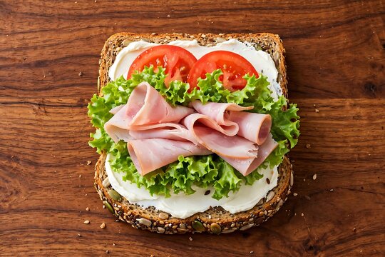 Openfaced sandwich with ham, lettuce, tomato, and cream cheese on multigrain bread