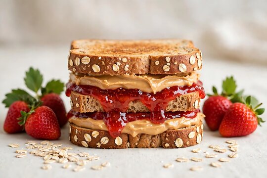A tripledecker peanut butter and strawberry jam sandwich on oat bread