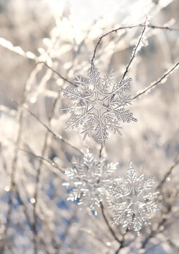 beautiful decorative snowflakes close up on light abstract winter nature background. fantasy snowy landscape. symbol of Christmas, New Year holidays, winter festive season. cold frozen weather