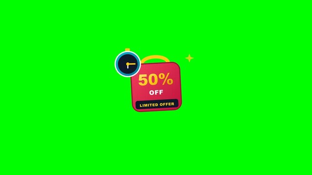 Animated fifty percent discount tags with clock on green screen