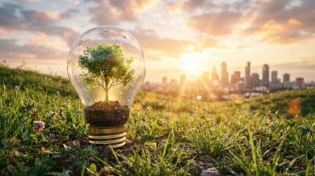 Tree inside glass lightbulb on green field with city skyline at sunset photography