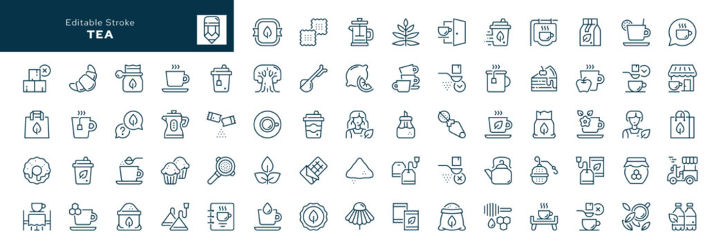 Tea outline icons set. Hot drink, tea set, cup, kettle, teapot, sugar, cake and more. Line icon in linear style. Vector collection