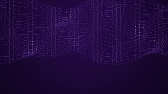 Wireframe surface deforms in travelling waves across the upper frame on deep violet with clear lower space