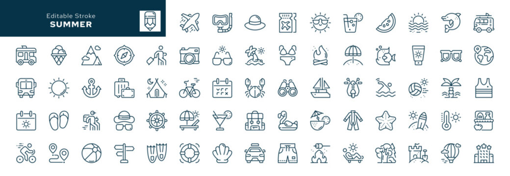 Summer outline icons set. Summer holidays, travel, tourism, vacation, sea, beach and more. Line icon in linear style. Vector collection