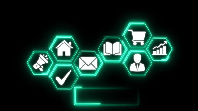 Dmaic methodology infographic with glowing hexagon icons for business process improvement and lean six sigma strategy