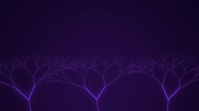 Recursive fractal branches light from root to tips in travelling waves on a deep violet background