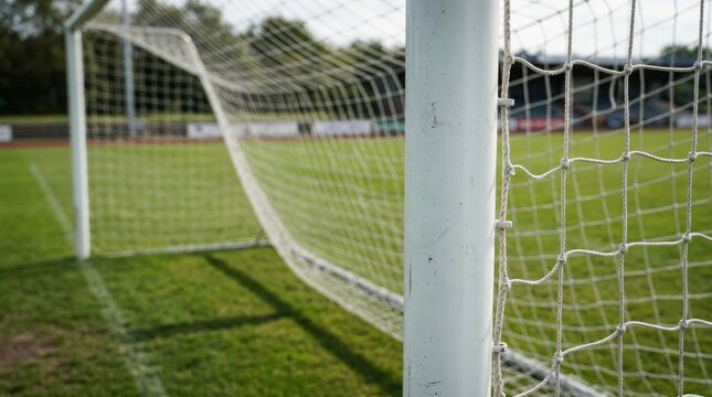 Close-up of a white football goal post with nylon net attached on a lush green grass pitch at a professional sports stadium during a bright sunny day, ready for a soccer match or training.