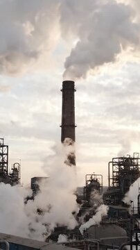Industrial Emissions and Machinery: A Powerful Billowing Smoke Stack Surrounded by Pipes and Equipment, Capturing the Essence of Modern Manufacturing Processes