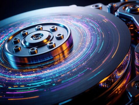 Close up of spinning hard drive with glowing digital data tracers. Colorful light particles move fast around metal platter. High tech memory storage concept with neon light trails, cyber space info
