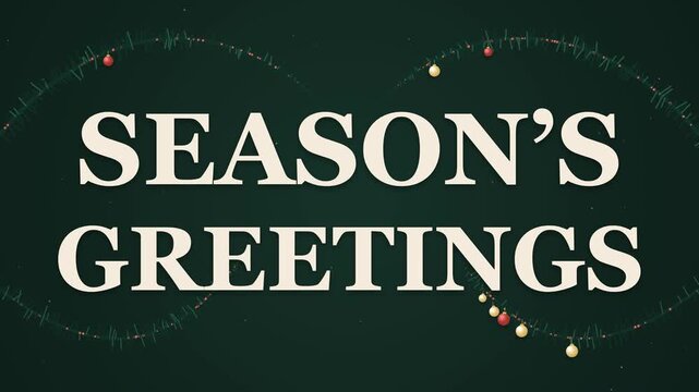 A luxury editorial holiday motion graphic featuring a living evergreen botanical arch growing around Season's Greetings typography, attached ornaments, sequential warm lights, and a golden light sweep