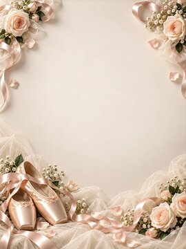 Satin Pointe Shoes and Cream Roses Framing a Soft Ballet Background