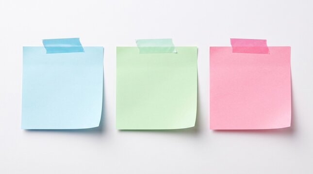 Three pastel-colored blank sticky notes, in shades of blue, green, and pink, neatly affixed with tape on a bright white background, symbolizing organization, ideas, and reminders