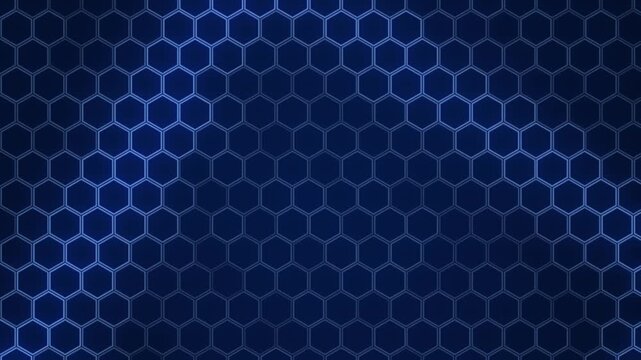 Hexagon grid pulses as energy fronts sweep across a deep blue technology background in a seamless loop