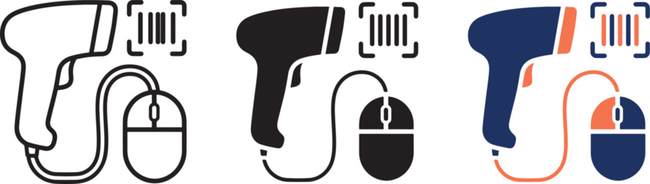 Handheld barcode scanner and computer mouse icon set for efficient e-commerce inventory management in a clean flat vector style.