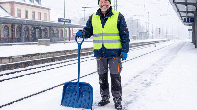 Worker in high-visibility vest holding snow shovel on train platform in winter
