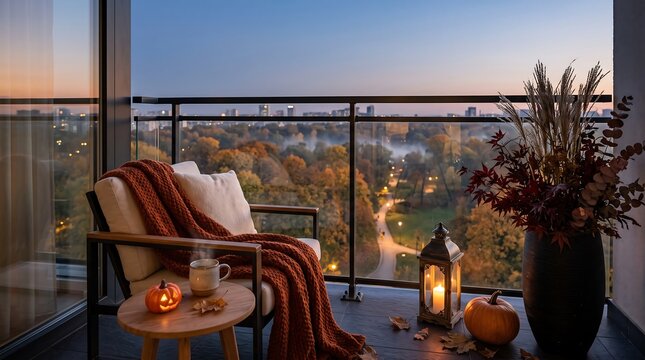 Title: Cozy Autumn Balcony With Pumpkin and Golden Forest View