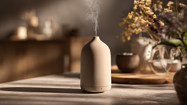 Aromatherapy diffuser placed on a table diffusing essential oils in a peaceful environment.